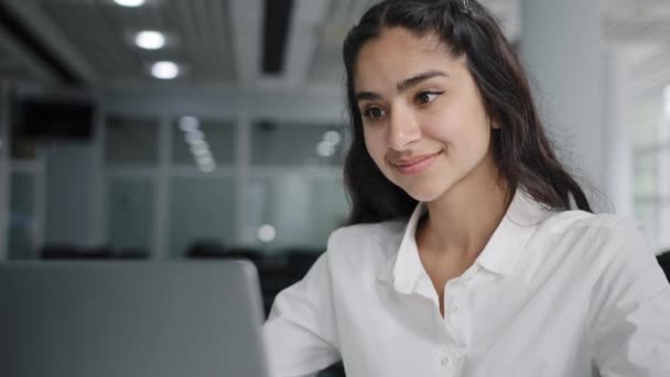 Young Happy Woman Office Worker Typing Laptop Surfing Internet Doing — Stock video