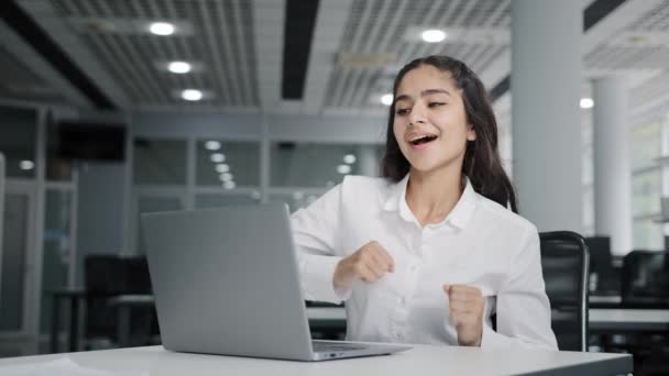 Young Happy Girl Office Worker Typing Laptop Checks Email Getting — Vídeos de Stock
