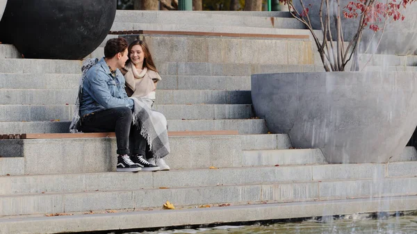Young Teenage Married Couple Lovers Caucasian Family Sit Urban Stairs — Foto de Stock