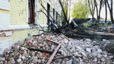 Kharkiv region, Kharkov, Skovorodinovka, Skovorodinivka, Ukraine - 05.07.2022: destroyed broken walls debris bricks of Literary Memorial Museum of G. S. Skovoroda building missile strike Russian war