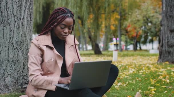Молода Приваблива Стильна Студентка Фрілансерка Сидить Парку Друкуючи Ноутбуці Працюючи — стокове відео