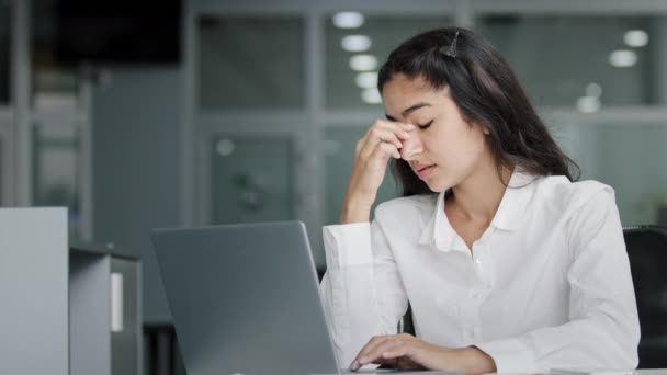 Young Stressed Tired Overworked Female Office Worker Working Laptop Suffering — Videoclip de stoc