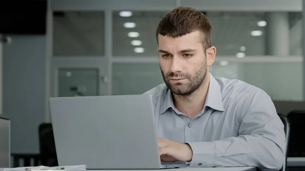 Serious Focused Executive Businessman Working Laptop Communicating Colleague Video Call — Foto de Stock