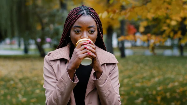 Close Young Happy Carefree Woman Walking Autumn Park Holding Drink — Stockfoto