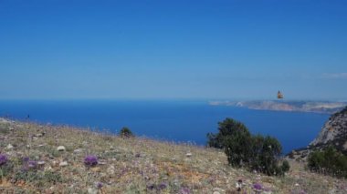 Beautiful butterfly flying smoothly against the backdrop of the blue ocean. Slow flight, field of beautiful exotic butterflies. Traveling in nature majestic view of the sea and mountains.