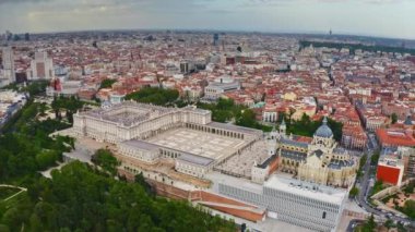 View from above Madrid capital Spain known for wonderful monuments luxurious large-scale royal palace official residence family Spanish monarchs large historic famous complex attraction for travelers