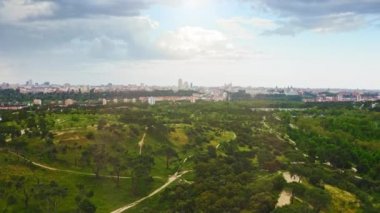 Aerial view beautiful green natural landscape amazing central park Madrid capital of Spain large tourist city blue Lake famous park former hunting forest famous tourist destination impressive scenery