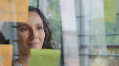 Young positive hispanic woman office worker writes project tasks on sticky notes organizes work plans strategy successful businesswoman develops plan writing reminder sticking stickers on glass board