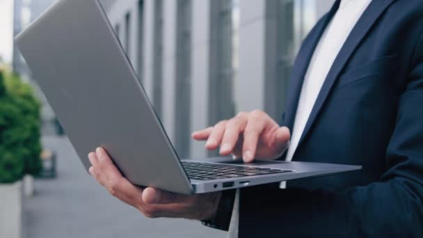 Close Male Hands Typing Keyboard Businessman Holds Laptop Working Outdoors — Video Stock
