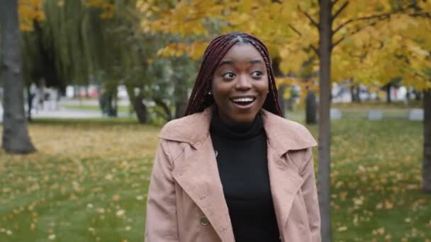 Young Positive Happy African Woman Standing Autumn Park Looking Camera — Video Stock