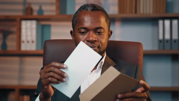 Successful Businessman Sits Office Opening Paper Envelope Reading Letter Good — Stock Video