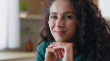 Beautiful sensual pretty arabian woman hispanic gorgeous stylish curly woman brunette girlfriend biracial model housewife with dark eyes friendly sight daily natural makeup smiling kind toothy smile