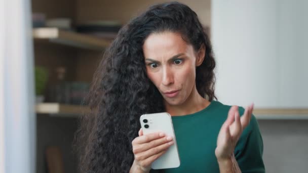 Surprised Woman Female Winner Housewife Lucky Arab Hispanic Girl Curly — стоковое видео