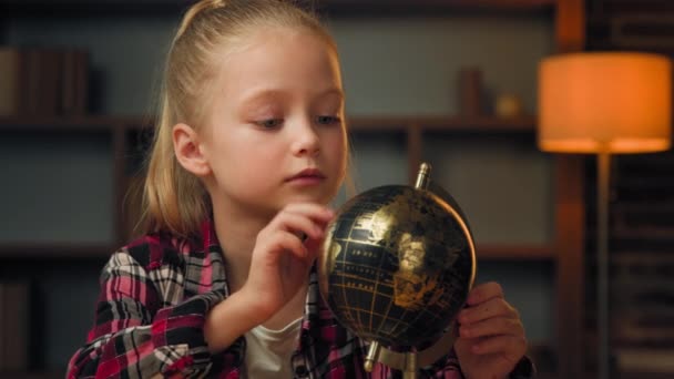 Female Junior Child Schoolgirl Pretty Pupil Looking Spinning Colorful Globe — Αρχείο Βίντεο