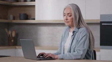 Caucasian senior teacher elderly housewife businesswoman grandmother grey-haired lady work on laptop in kitchen use home wifi booking tickets chatting online typing on keyboard browsing internet news