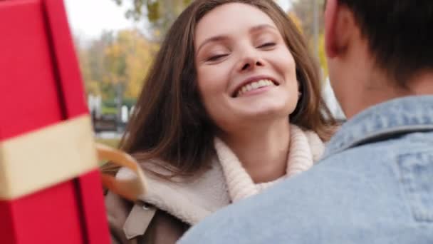 Happy Glad Affectionate Girl Embrace Beloved Husband Thank Boyfriend Gift — Video Stock