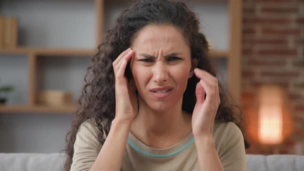 Close Funny Sad Caucasian Ill Woman Feel Strong Headache Pain — Vídeo de stock