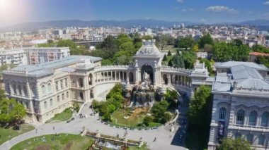Aerial view from drone Longchamp majestic royal palace park complex old historical part of Marseille town popular touristic building with residential luxurious mansion perfect place to go everywhere