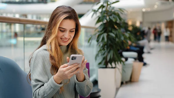 Cheerful Happy Young Girl Shopper Shopaholic Woman Sitting Shopping Mall — Stock Photo, Image