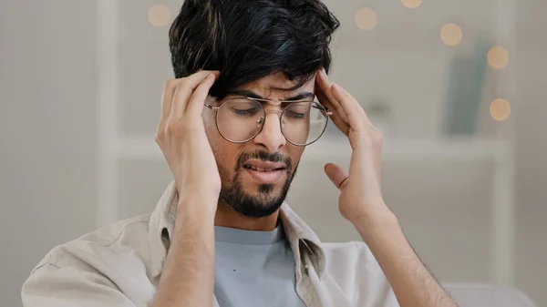 Close Arabic Man Bearded Guy Glasses Feels Stress Overwork Cranial — Stockfoto