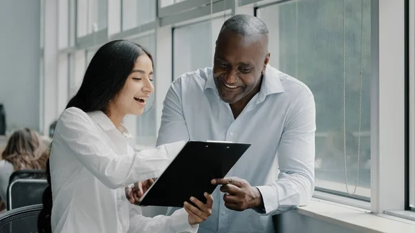 Diverse African Arabian Colleagues Multiracial People Business Partners Stand Window — Stock Photo, Image