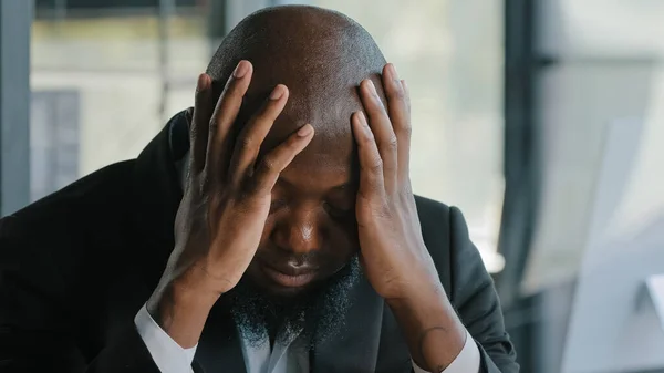 Sick Exhausted African Man Suffer Headache Migraine Syndrome Hold Head — Stockfoto