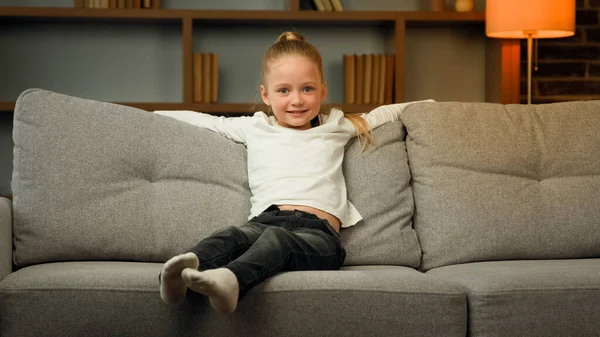 Small Blonde School Toddler Child Active Kid Falling Comfortable Sofa — Stockfoto
