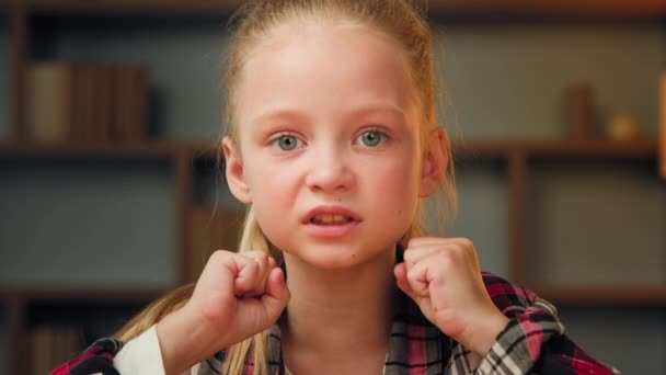 Upset Angry Schoolgirl Little Annoyed Crazy Teen Pupil Female Child — Stock Video
