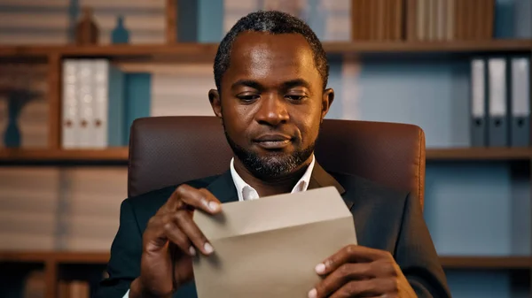 Successful Businessman Sits Office Opening Paper Envelope Reading Letter Good — ストック写真