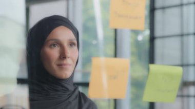 Tesettürlü gülümseyen Arap kadın profesyonel geliştirici proje yöneticisi, cam pano tarama zaman çizelgesi üzerindeki bilgileri araştırıyor. Yapışkan çıkartmalar analizleri, hatırlatıcıya bakarak, hatırlatıcı çalışmaları düzenliyor