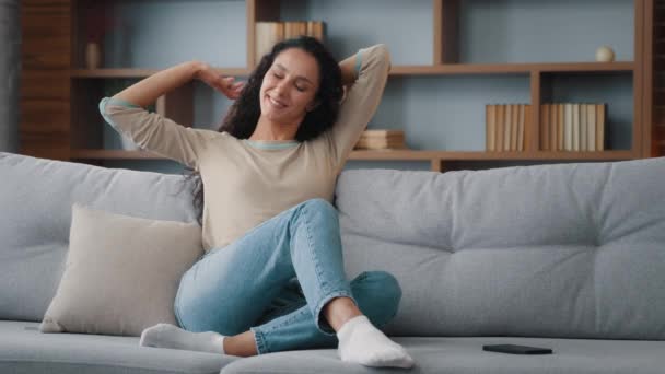 Calm Happy Good Mood Caucasian Hispanic Latino 30S Woman Resting — Stock Video