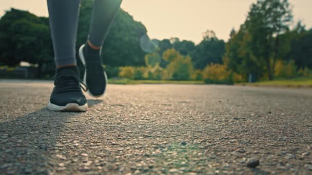 Deportiva Corredora Esbelta Maratón Zapatillas Deportivas Negras Aire Libre Deteniéndose — Vídeos de Stock