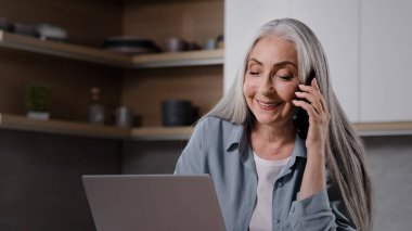 Female senior businesswoman middle aged grey-haired woman specialist freelancer sit in kitchen negotiating with business partner remotely by phone work on laptop e-learning modern tech usage concept