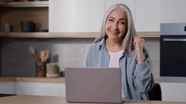 Mutlu orta yaşlı büyükanne dizüstü bilgisayarını kullan e-posta mesajını kontrol et olumlu haber al satış teklifi al evet hareketi yap başarıyı kutla çevrimiçi piyango kariyer fırsatı kazan