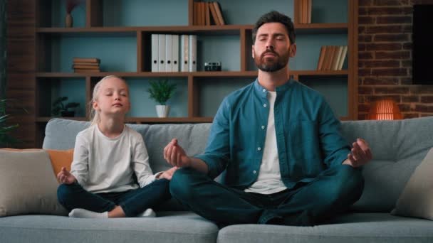 Healthy Caucasian Family Practice Yoga Together Sit Lotus Pose Young — Stock Video