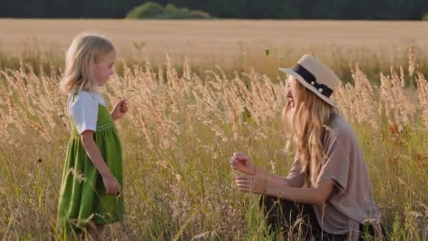 Blanke Moeder Met Kleine Dochter Zit Gras Gouden Veld Kind — Stockvideo