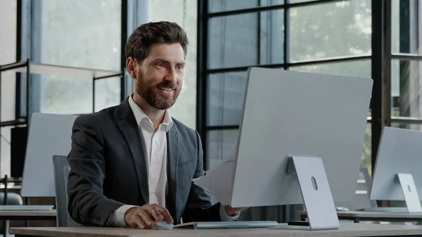 Caucasico Anni Barbuto Capo Imprenditore Imprenditore Datore Lavoro Carica Con — Foto Stock