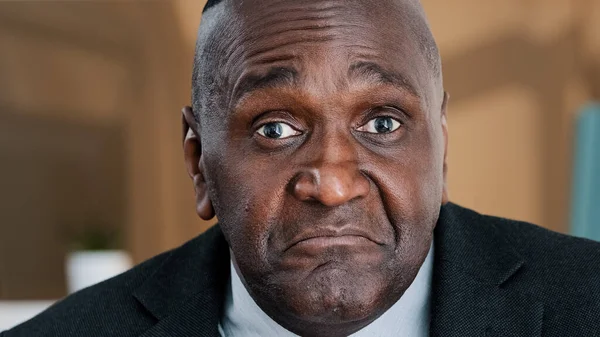 Extreme Closeup Old Wrinkled Emotional Businessman African American Scared Shocked — ストック写真