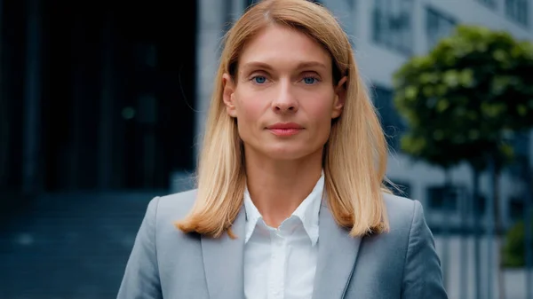 Female Portrait Young Successful Caucasian Businesswoman Blonde Formal Suit Looking — Stock Photo, Image