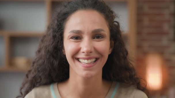 Closeup Happy Cheerful Carefree Delight Glad Female Face 30S Hispanic — Stock Video