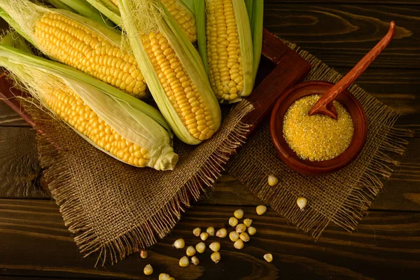 Corn Cobs Grains Rough Fabric Napkins Small Wooden Pot Corn — Photo
