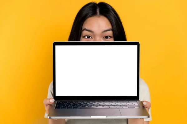 Úžasná vzrušená brunetka asijské mladé ženy nakukující zpoza notebooku, vypadá překvapeně na kameru, stojí na izolovaném oranžovém pozadí, drží otevřený notebook s prázdnou bílou obrazovkou, kopírovací prostor — Stock fotografie