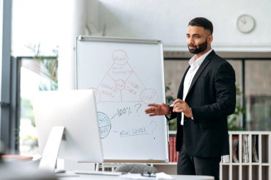 Young man, serious progressive influential successful progressive business coach or manager, conducts online briefing, brainstorms for colleagues, stands at whiteboard, gestures with his hands