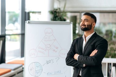 Influential smart young successful Indian top manager, financial mentor or company owner standing at the blackboard with graphs in office with arms crossed, looking pensively to side, smiling