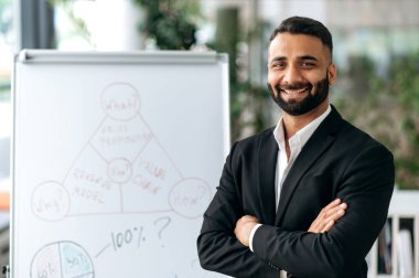 Positive confident successful Indian businessman, manager or business coach, in formal suit, with beard, standing at whiteboard with charts in modern office, looking at camera and smiling friendly