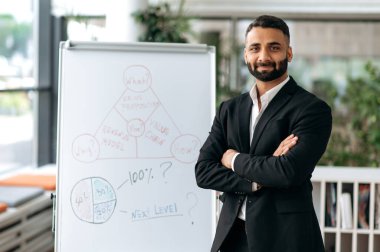 Portrait of confident successful influential Indian business coach, in suit, ceo or businessman, stands near whiteboard in office with arms crossed, looks at camera, smiles friendly