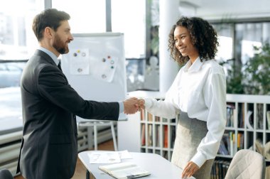 Handshake, agreement. Successful businessman and businesswoman, project partners, made a deal, cooperation, shake hands while standing in a modern office, smile at each other