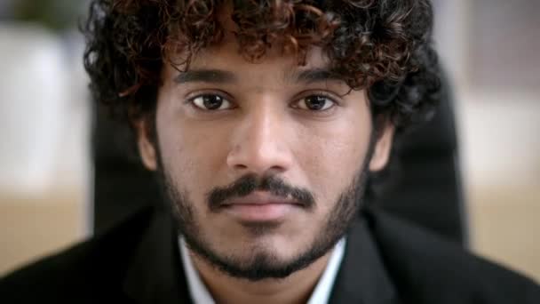 Confident smiling curly-haired Indian business man, small business owner, company leader or sales manager, in formal suit, successful real estate agent, looking at camera, standing in office, smiles Royalty Free Stock Video