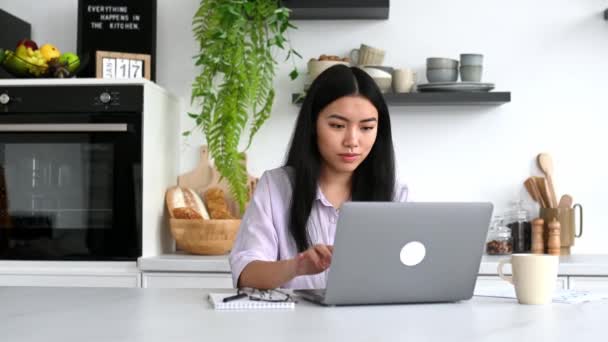 Schöne geschäftige smarte Asiatin im Hemd, Freiberuflerin oder Studentin, sitzt zu Hause in der Küche, benutzt einen Laptop für Fernarbeit oder Studium, arbeitet an einem Projekt, entwickelt ein Start-up, lächelt glücklich — Stockvideo