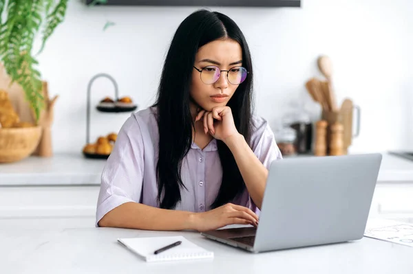 Soustředěný chytrý hezká asijská dívka s brýlemi, číňan mladá žena, na volné noze nebo student, pracuje nebo studuje doma pomocí notebooku, při pohledu na obrazovce notebooku upřeně, studuje informace — Stock fotografie